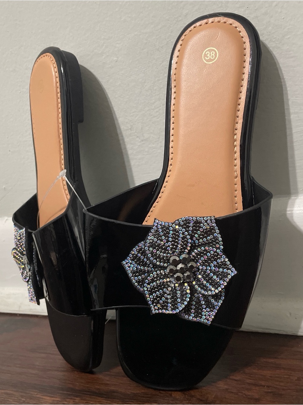 Black Rhinestone Flower Slide Sandals - Women